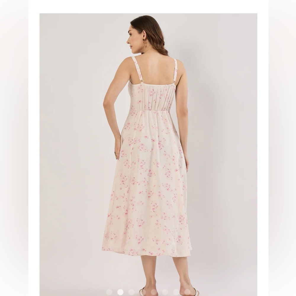 Sim & Sam Ivory Pink Floral Milkmaid Maxi Dress XL Linen Blend Corset Tie X - Picture 2 of 14